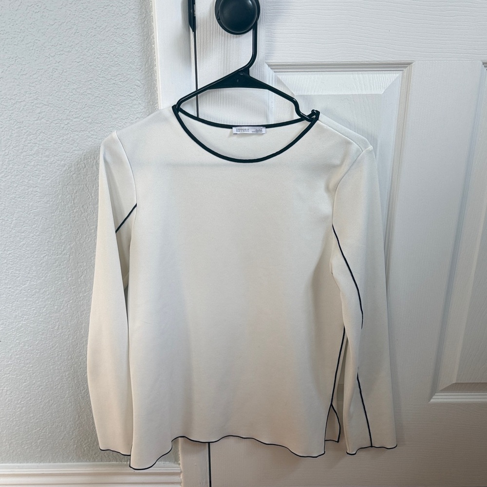 Zara White Long Sleeve Top with Black Trim